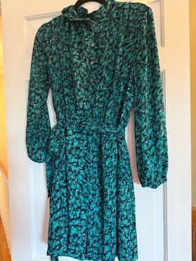 LOFT Teal and Black Printed Long-Sleeve Tie-Waist Dress